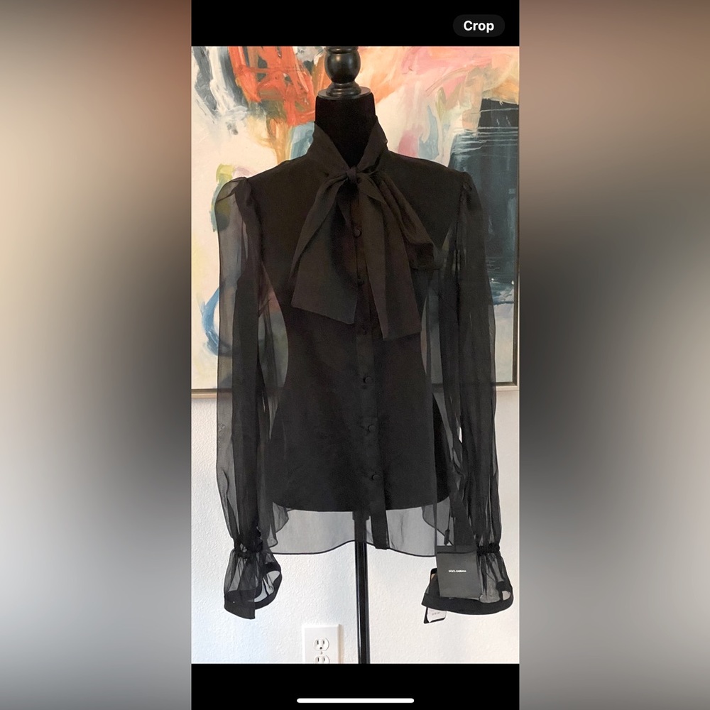 NWT Dolce and Gabbana tie neck (with bow) button down shirt/blouse/Black. silk